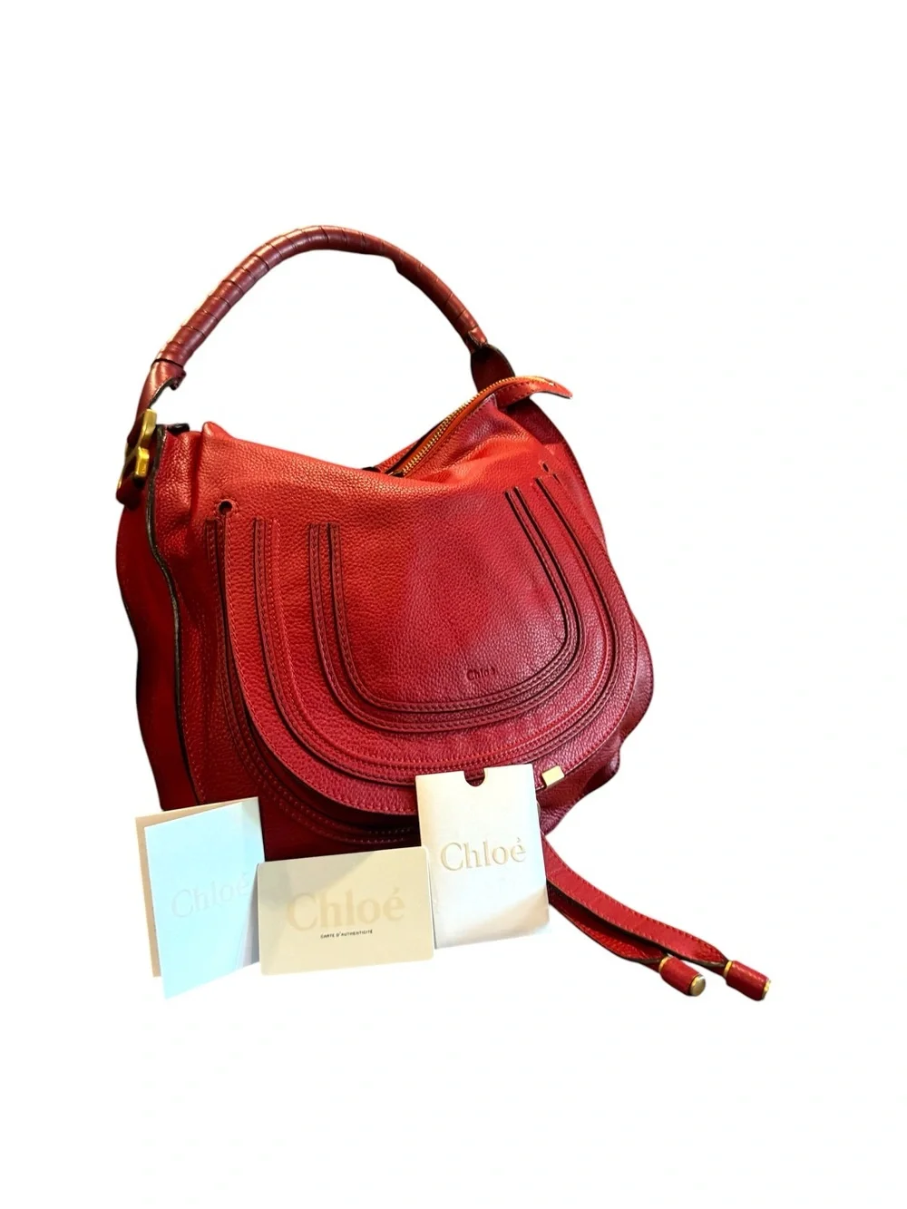 Chloe Red Leather Marcie Saddle Hobo Bag Auth